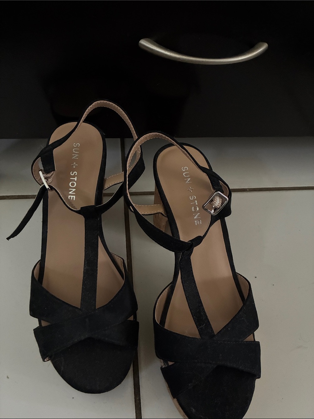 Sun + Stone Black Suede T-Strap Sandals with Ankle Buckle